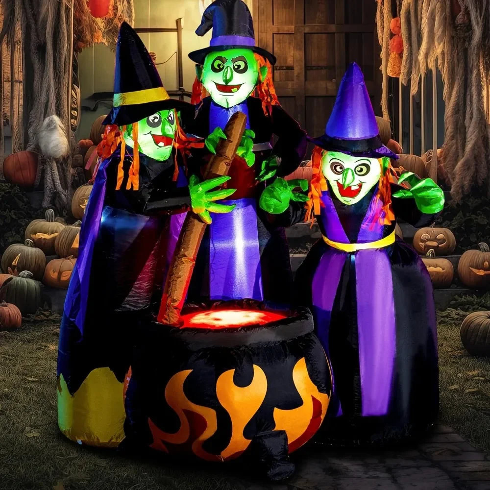 

6 FT Tall Halloween Inflatables Three Witch Around Cauldron with Flame Light Inflatable Yard Decoration Blow Up Inflatables