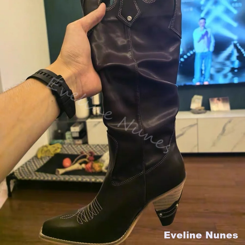 Women Black Knee High Cowboy Boots Cutout Hollow Strap Buckle Embroidery Pointed Toe Western Stacked Heel Tall Boots Party Shoes