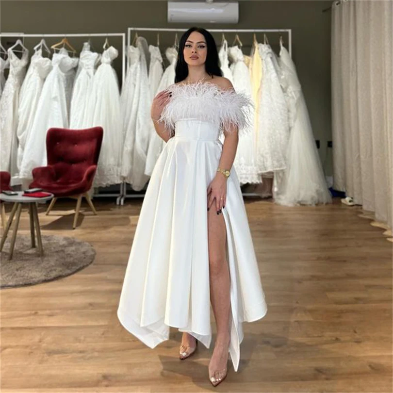 

Luxury Satin Wedding Dresses Feathers Off Shoulder A-Line Ankle Length Backless Bridal Gowns Sexy High Side Slit Bride Dress