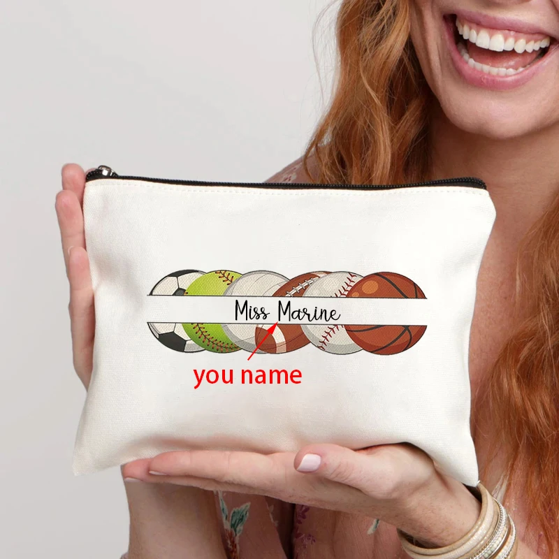 Basketball Football Customized Name Canvas Makeup Bag with Sports Ball Design Personalized Cosmetic Bags Travel Toiletries Pouch