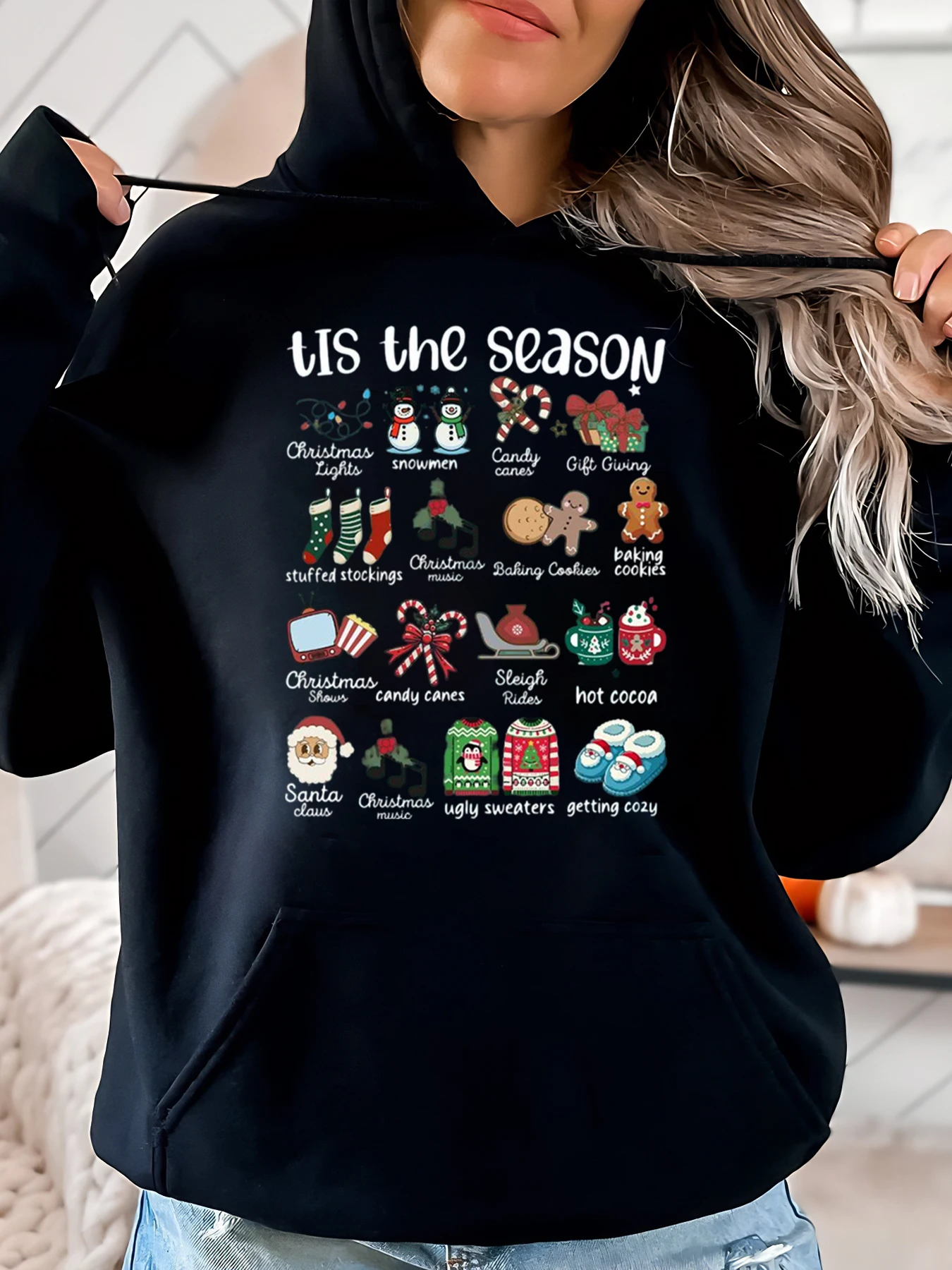 

Толстовка с принтом рождественских значков Tis the Season, женская одежда для рождественской вечеринки, черная, больших размеров