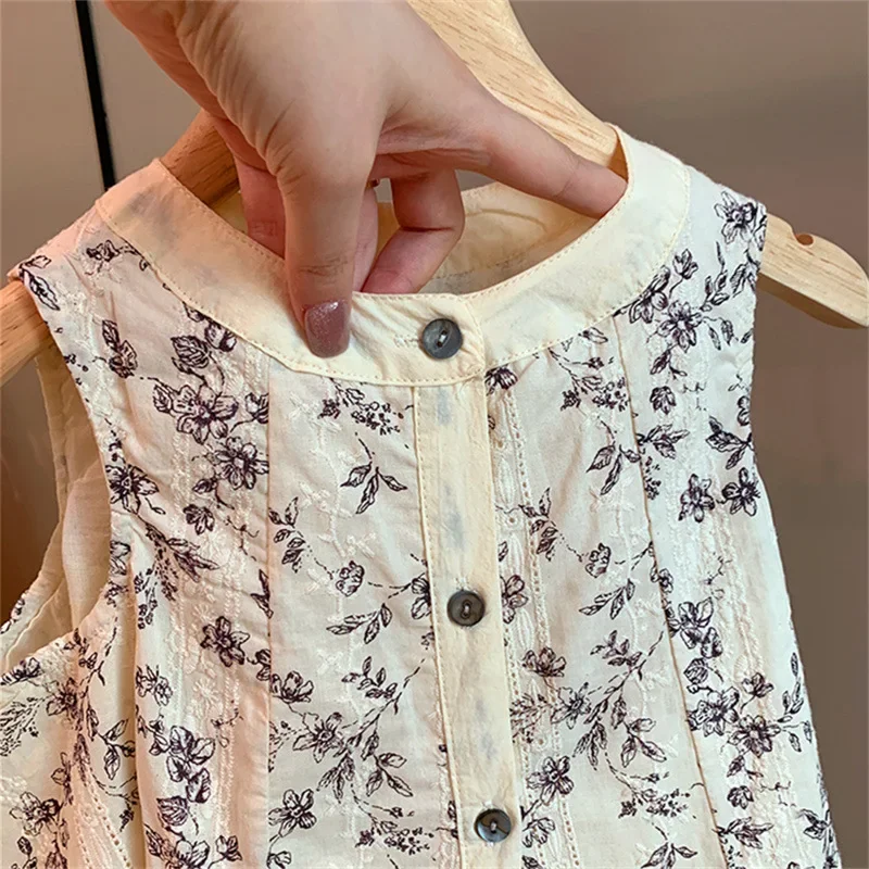 Girls Sets Floral Sleeveless Shirt Solid Loose Pants Summer New China-Chic Children Clothes Chinese Style Suit Two Piece Set