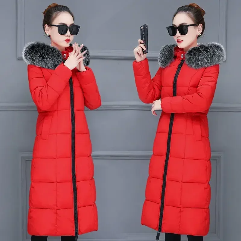 Fashion Winter Womens Cold Coat Long Fur Collar Hooded Padded Jacket Super Hot Snow Outercoat Slim Fit Keep Warm Cheap Wholesale
