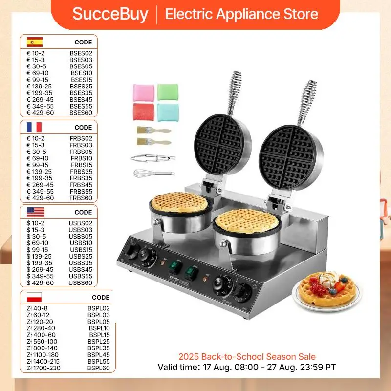 VEVOR kommerzielles Waffeleisen rundes Waffeleisen mit Doppelkopf 2460 W, belgisches Waffeleisen mit antihaftbeschichteten Backfläche, Temperatur- und Zeitregelung, für Restaurant Bäckerei Snackbar