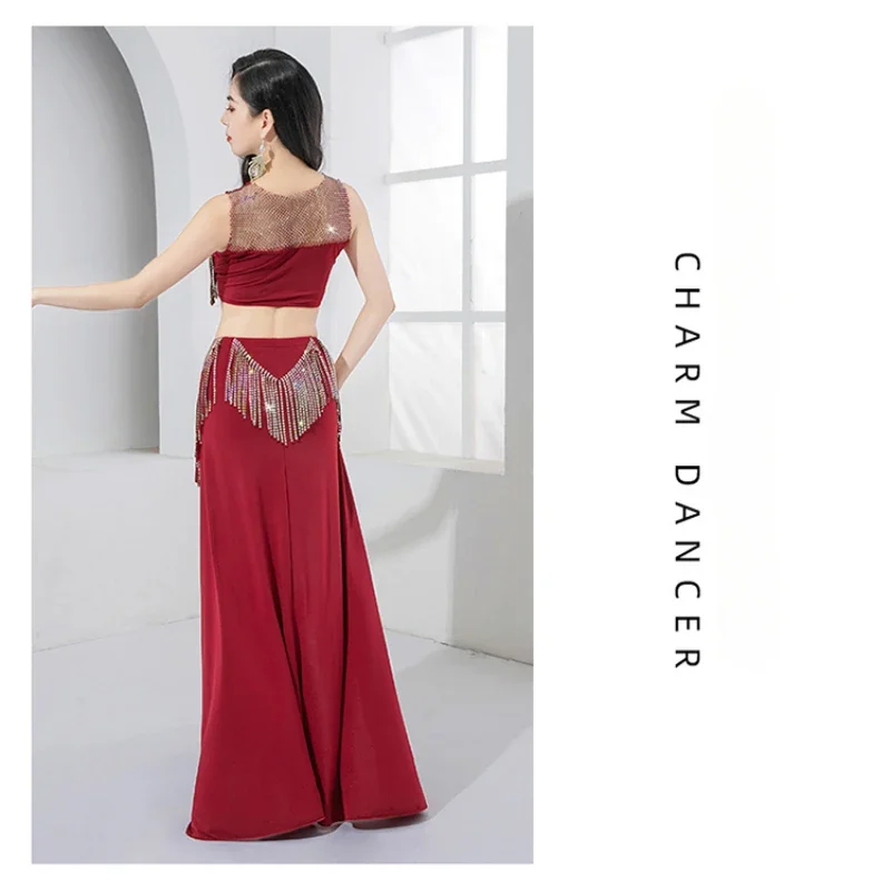 Belly Dance Performance Costume Women\'s Customized Light Luxury AB Stones Tassel Set Adult Oriental Dance Competition Clothing