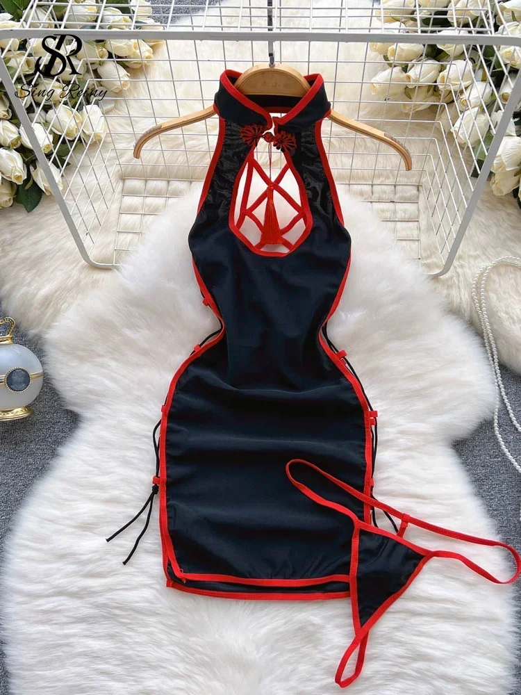 

Women Halter Pajamas Dress Hollow Out Lace-up Slim Erotic Short Night Dress Pendant Retro Cheongsam Sexy Nightwear