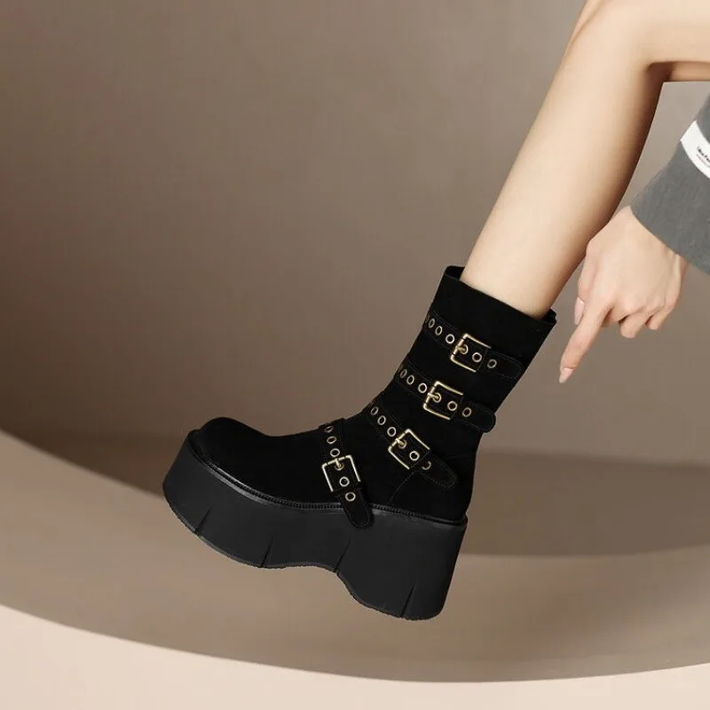 

Buckle Knee High Boots for Women Winter Square Heels Western Long Boots Woman Black Leather Punk Gothic Booties Platform Shoes