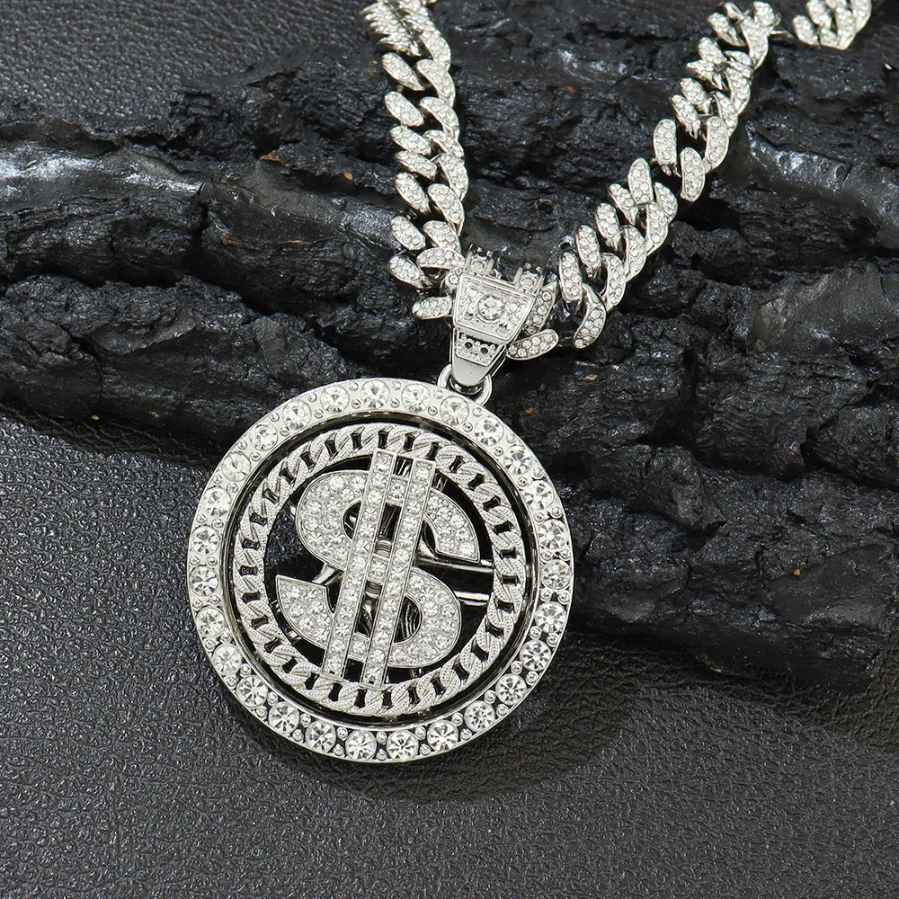 Men Hip Hop Big Rotatable US Dollar Money Sign Pendant Necklace 13mm Iced out Cuban Chain Choker Necklace Rap Rock Charm Jewelry