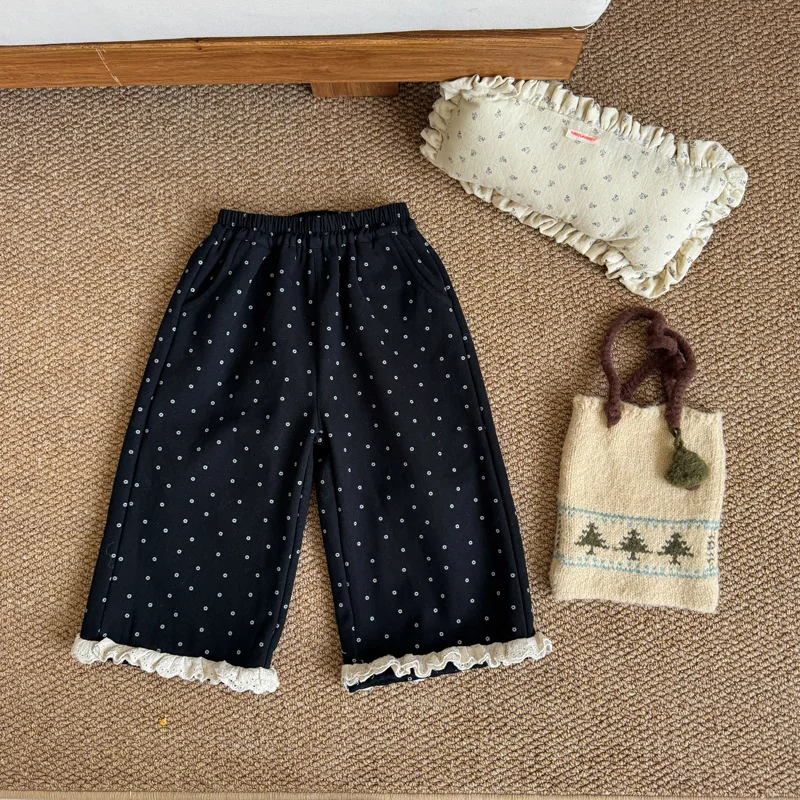 

2025 Winter New Children Fleece Warm Trousers Fashion Kids Girls Wide Leg Pants Dot Casual Pants Plus Velvet Thick Baby Clothes