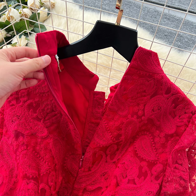 Spring Autumn High End Elegant Birthday Party Women's Dress New French Hook Flower Single Breasted Slim Lace Long Dress S89