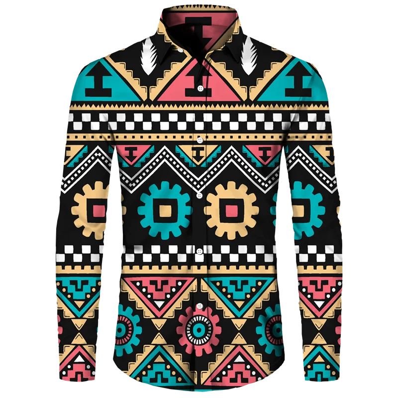 Colorful African Dashiki Print Men\'s Shirt Retro Ethnic Long Sleeve Lapel Button Top New Couple Street Wear