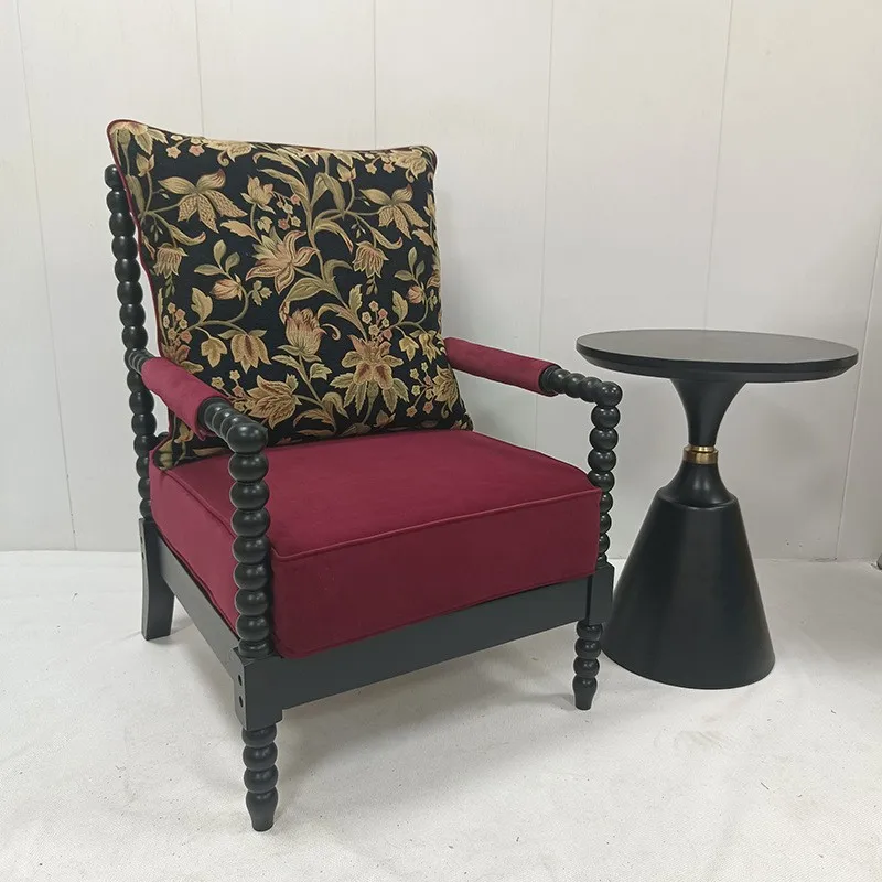 

French black pearl chair retro high-end American solid wood single leisure chair living room fabric single sofa chair