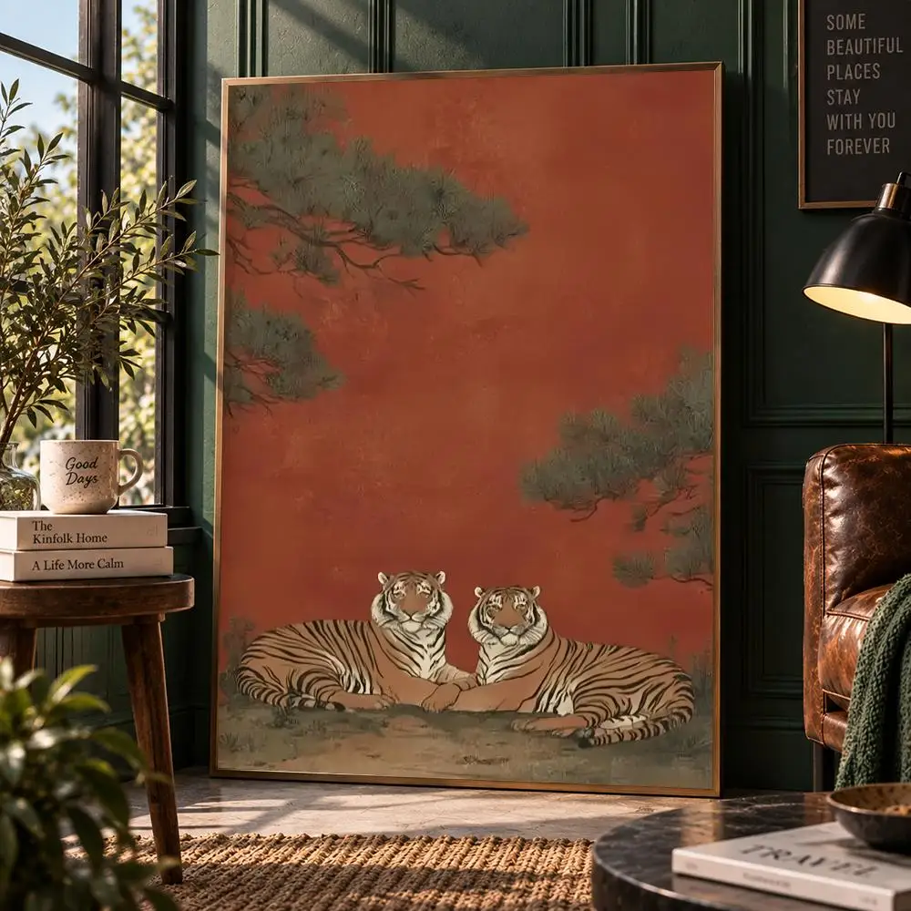 Japanese Tiger Wall Art Poster Vintage Wildlife Red Oriental Print Zen Home Decor Poster HD
