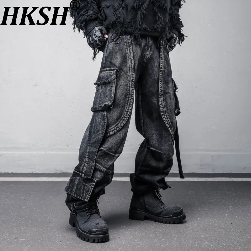 Hksh primavera outono nova tendência masculina pesada desconstruída retalhos resíduos estilo terra multi-bolso lavado retro jeans de perna larga hk13385