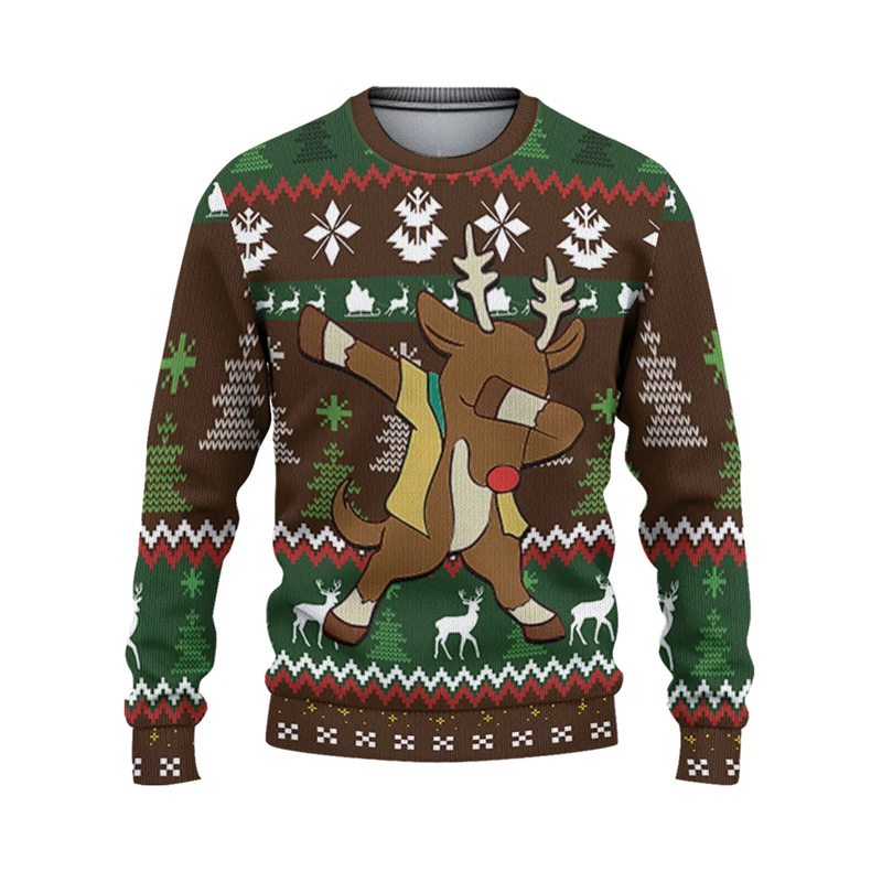 

Print Cute Cartoon Reindeer Graphic Christmas Ugly Sweater Men's Clothing Pullover Sweatshirt Festival Gift Xmas Sweatshirts