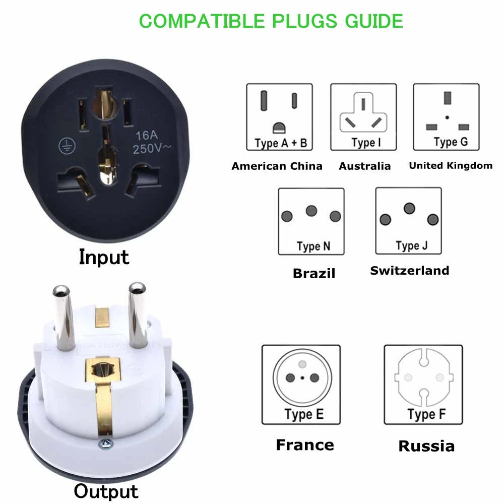 16A 250V EU Converter Universal EU Plug AU US UK CN To EU Adapter European Travel Adapter Socket