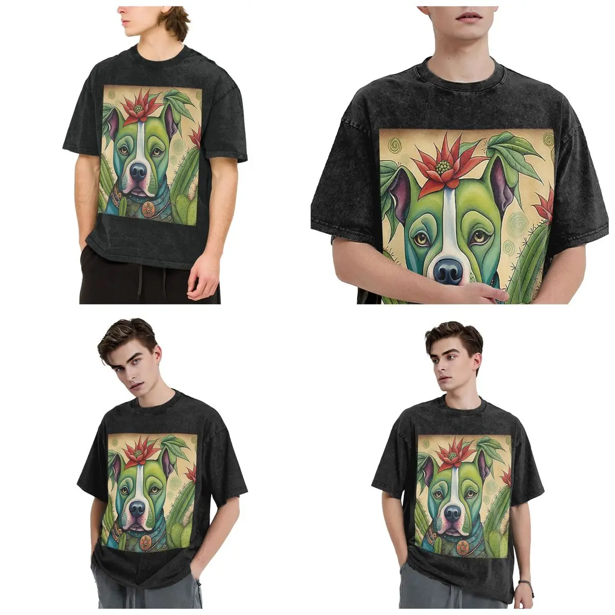Pit Bull Prickly Portraits Hip Hop Short Sleeve T-Shirts Washed Tops Tees Streetwear T Shirt Harajuku for Men Women
