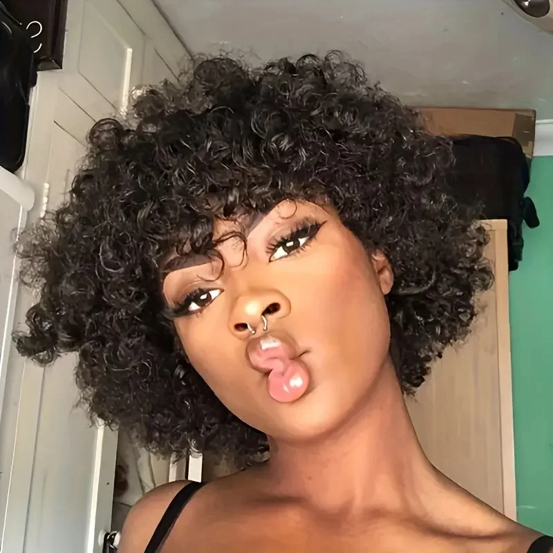 

150D Short Curly Bob Wigs Wear and Go Brown Curly Wigs Human Hair With Bangs Bouncy Short Curly Hair Brazilian Remy Hair