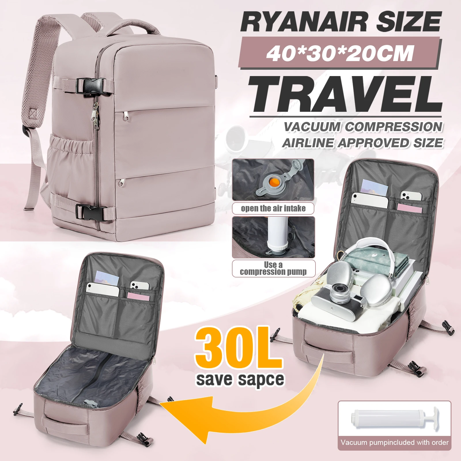 

Women Backpack, Vacuum Backapck, Ryanair Cabin Bags 40x30x20 Underseat Travel Backpack, Laptop Backpack Casual Trekking Backpack