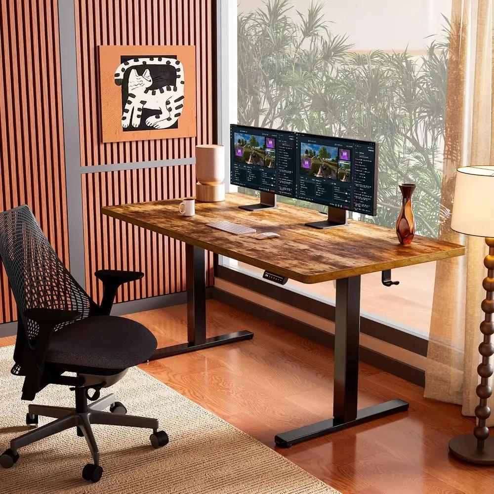 Height Adjustable Electric Standing Desk, 55 x 28 Inches Sit Stand up Desk, Memory Computer Home Office Desk, Vintage Brown