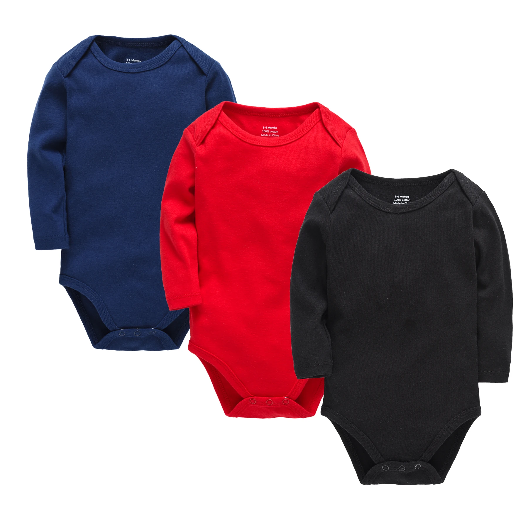 3-teiliges Set, solide Babykleidung, 0–24 Monate, 100 % Baumwolle, langärmelig, für Neugeborene, einfarbig, O-Ausschnitt