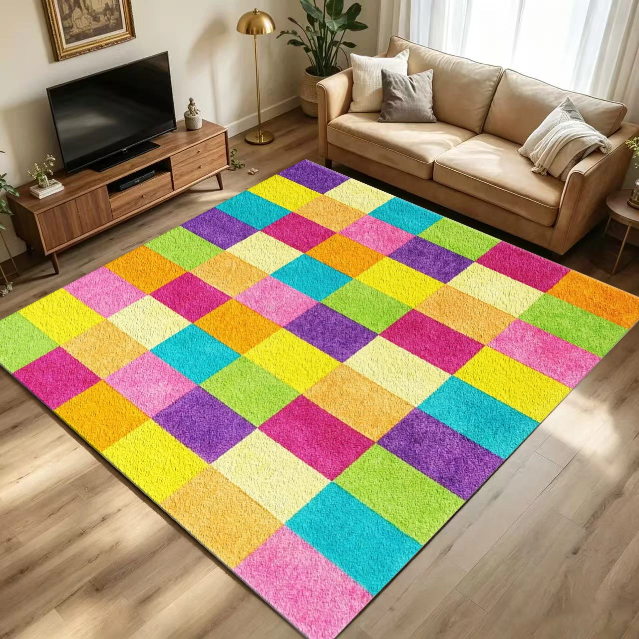 Rainbow Multi-Color Checkerboard Carpet, Bright Color Block Square Grid Carpet, Non-Slip, Washable, Children's Room Living Room Floor Mat