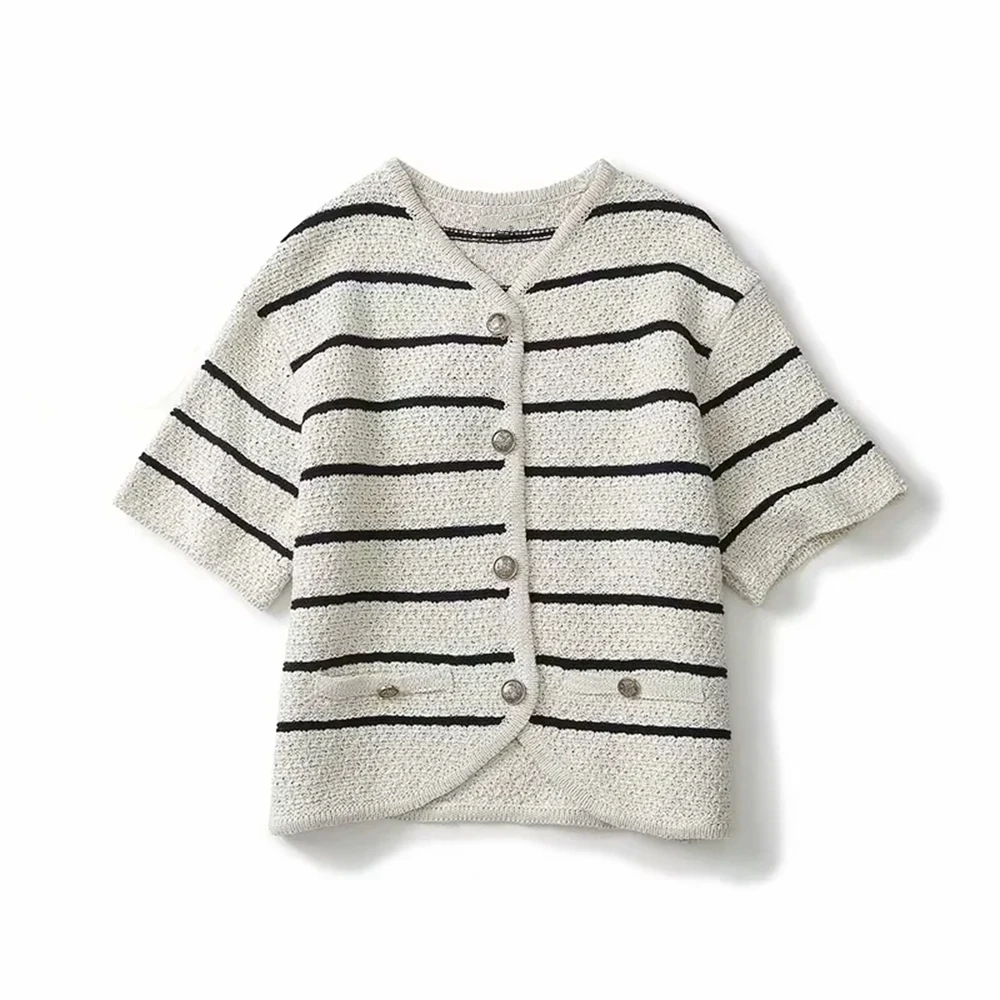 Cos Lris2024 autumn new striped short-sleeved sweater V-neck knitted cardigan short top women 05646615712