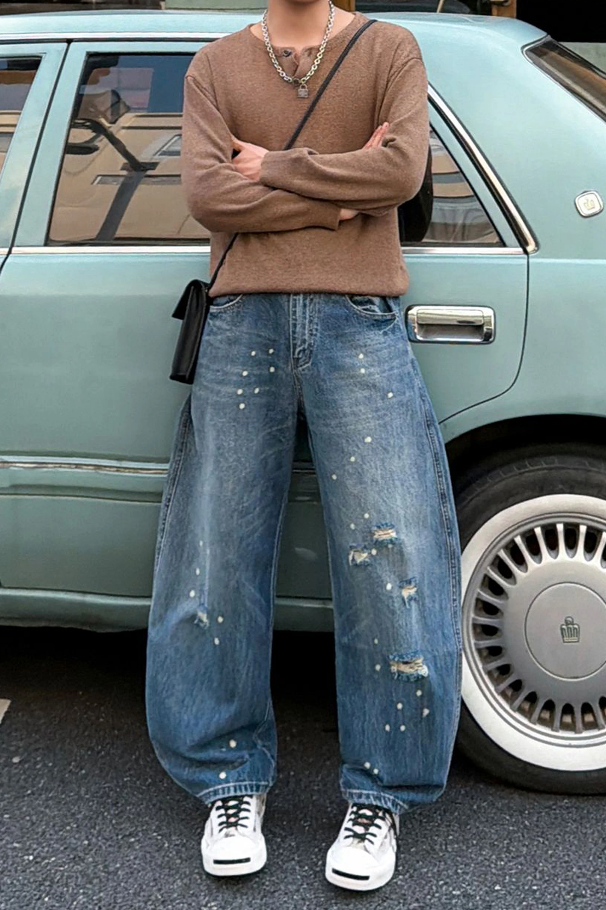 American-Style Ripped Jeans with Ink Splatter, Trendy Men's Jeans, 2026 New Model, Washed Wide-Leg Pants, Plus-Size Pants