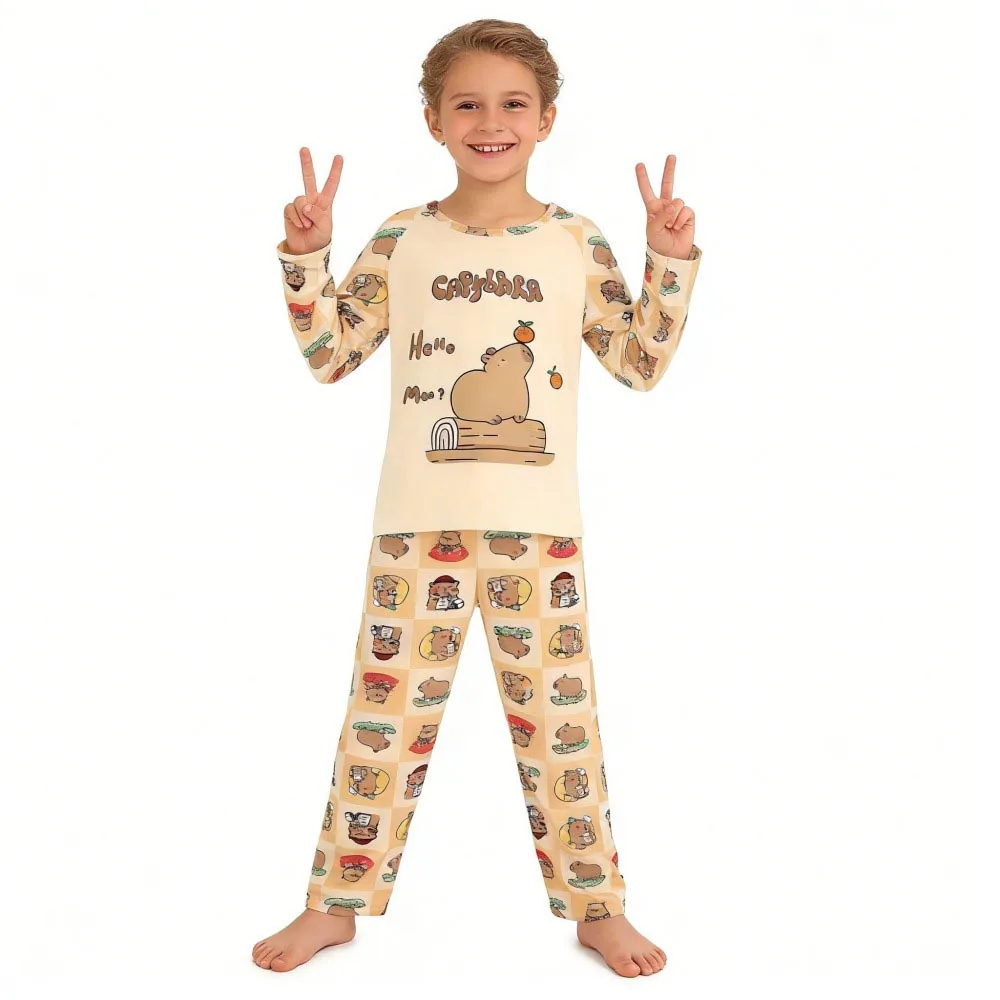 Capibara Kids Pajama Sets Long Sleeve Loungewear Cute Animal Print Soft Sleepwear for Boys Girls Cartoon Sleep Pants Outfit
