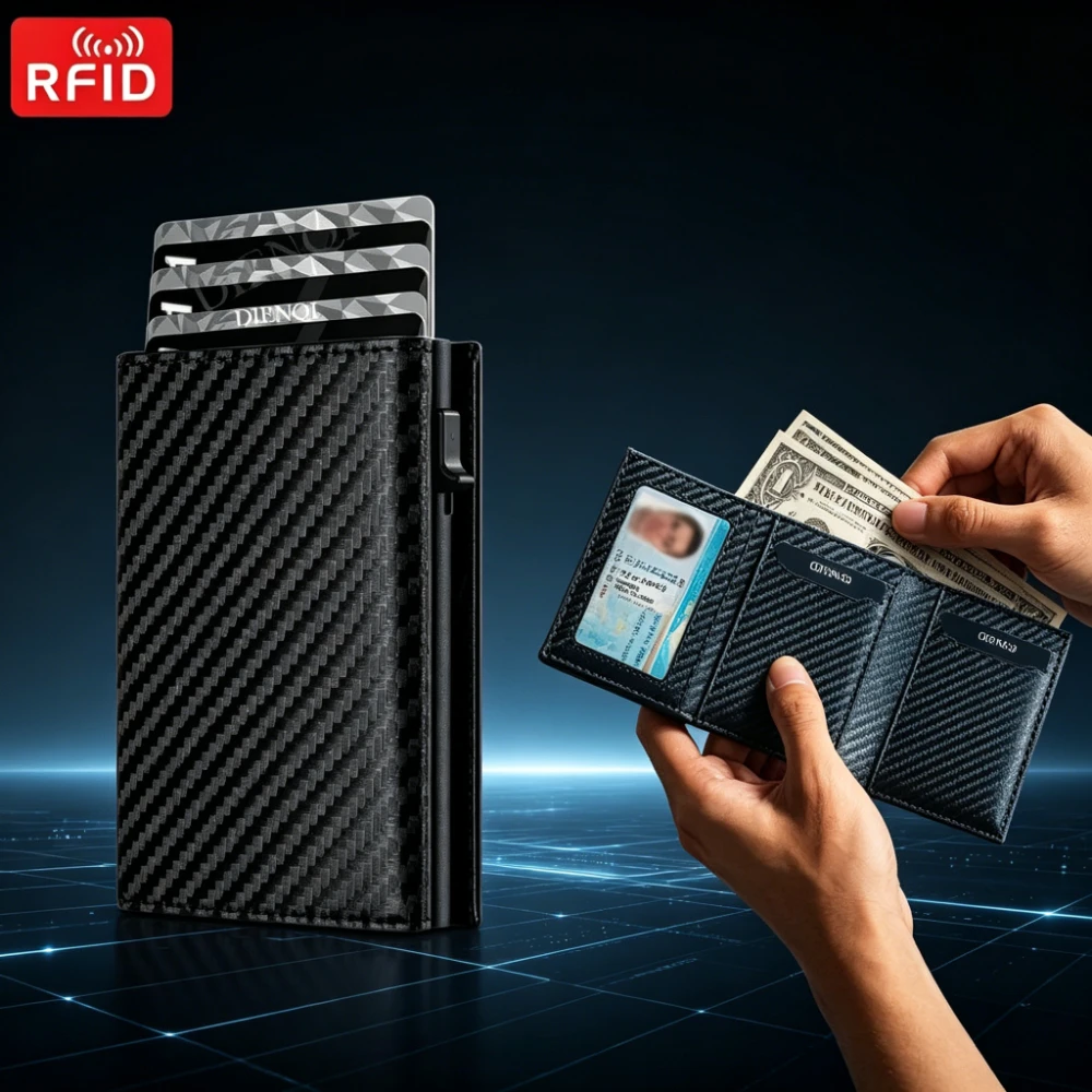 RFID Blocking Carbon Fiber Pattern Wallet Automatic Pop-Up Card Holder Zipper Coin Pocket Slim Anti-Scan Metal Wallet for Men