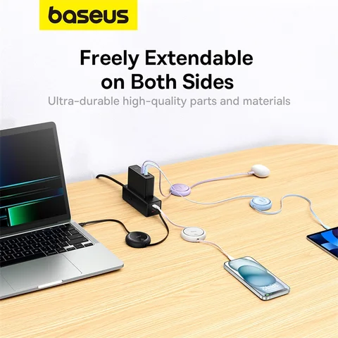 Baseus Выдвижной кабель USB C мощностью 100 Вт для MacBook iPad Кабель для быстрой зарядки для iPhone 17 16 Plus Pro Max Type C для Xiaomi Samsung