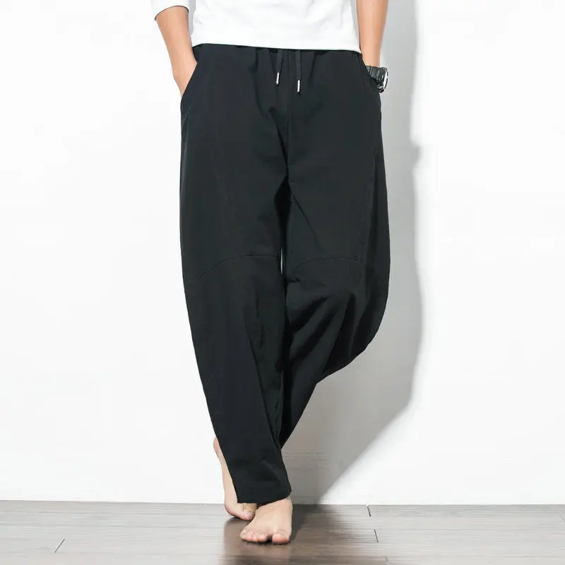 Men's Summer New Chinese Style Vintage Solid Elastic Waist Drawstring Pocket Loose Straight Casual Linen Breathable Harlan Pants
