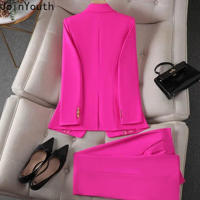 Elegant 2 Piece Set Women\'s Clothing Double-breasted Blazer Coat High Waist Straight Pants Suit Korean Femme Office Outfits