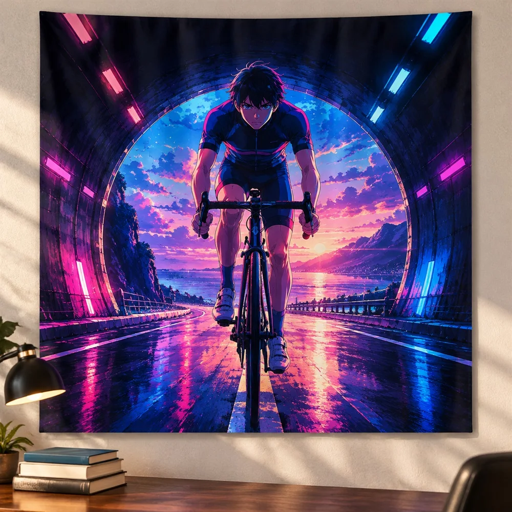 VIKAMA Road Bike Boy Anime Tapestry Wall Hanging, Aesthetic Sporty Anime Room Decor Tapestries for Bedroom Living Room Study