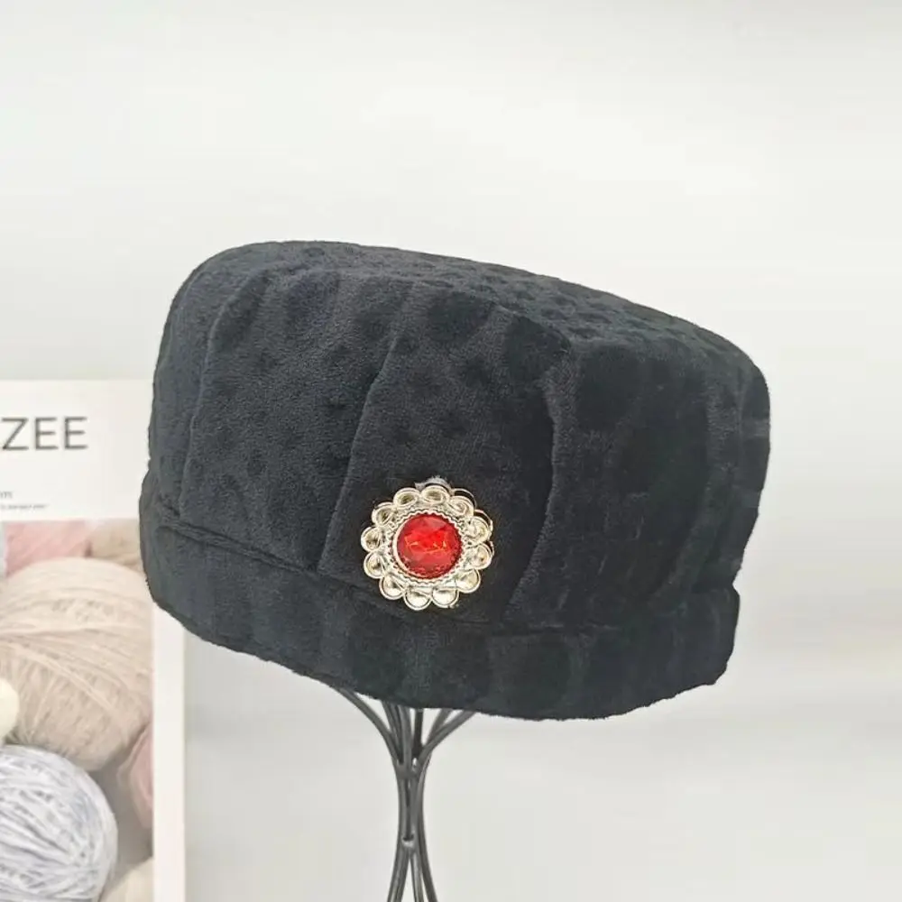 

Casual Wide Brim Women Velvet Hat Imitation Stones Decor Thickened Mom Cap Keep Warm Windproof Caps Middle Aged and Elderly