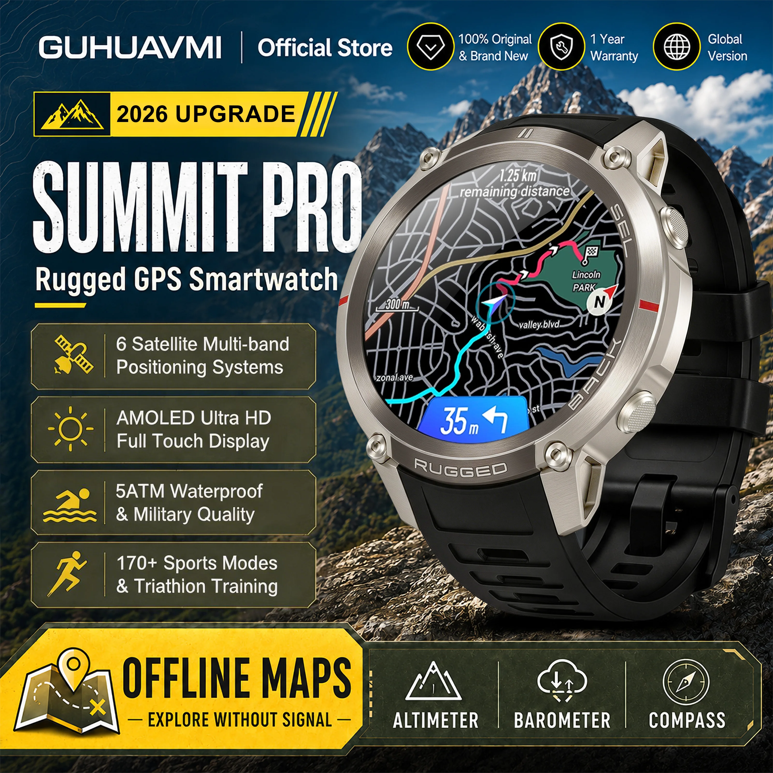 2026 Militaire Satelliet Offline Kaart GPS Smart Watch Heren 1.43''AMOLED Bluetooth Oproep Kompas 5ATM Waterdicht 170 + Sport Smartwatch