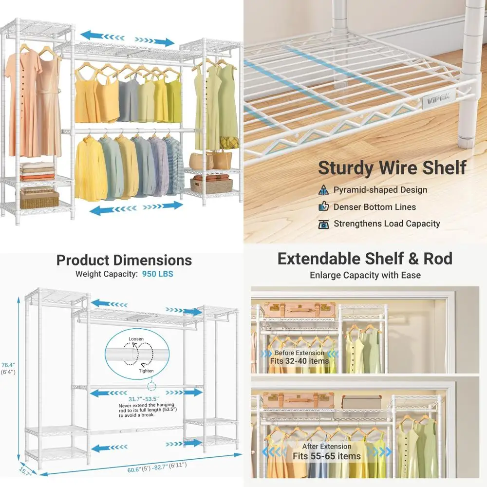 

Расширяемая сверхмощная портативная полка для шкафа, регулируемая от 5 до 7 футов, 11 дюймов, вместимость 950 фунтов, 4 стержня для вешалок, 7 решений для хранения