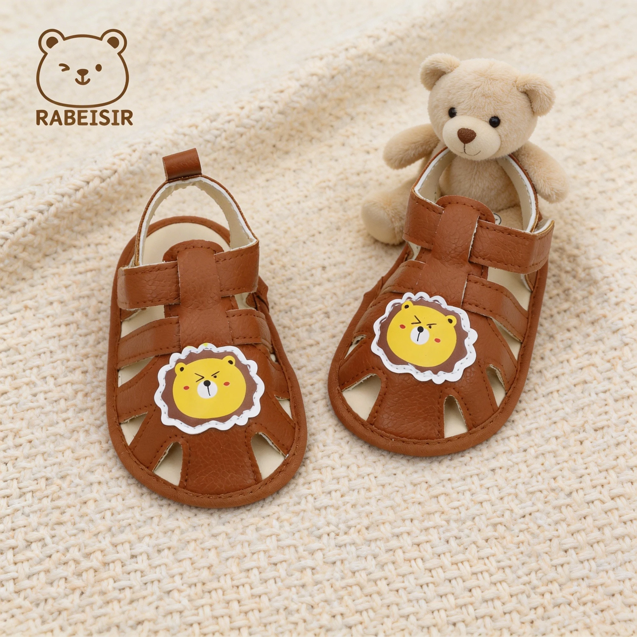 Cartoon Lion Closed-Toe Sandals with Velcro Soft Sole Baby Walking Casual Shoes