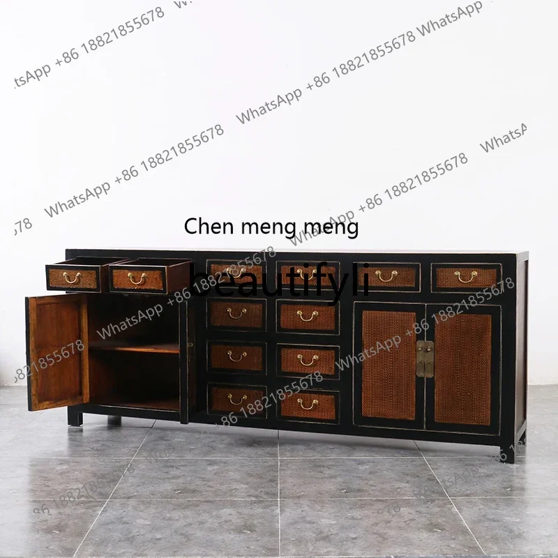 Z189  New Chinese-style solid wood rattan mat, cupboard, side cabinet, antique living room locker