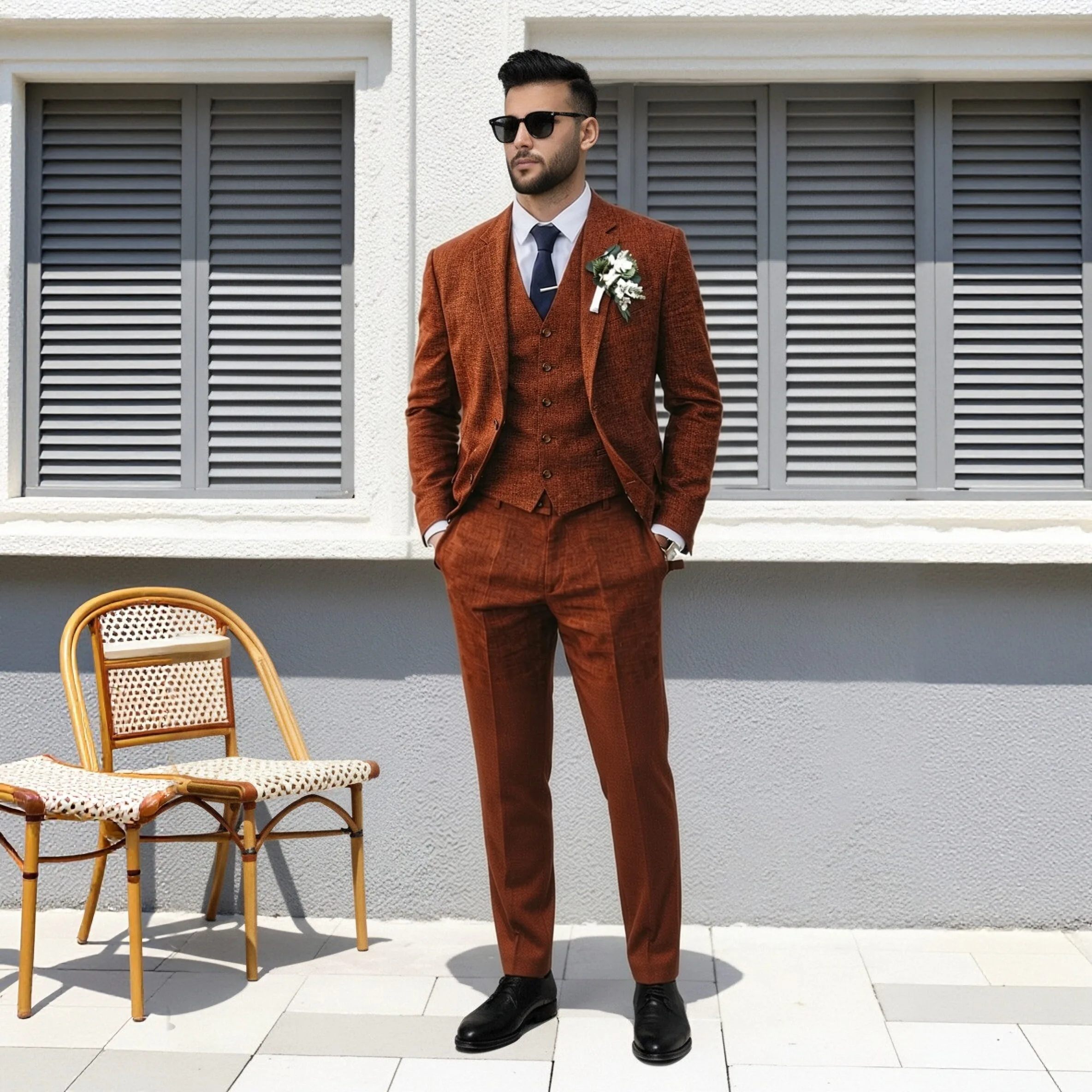 

Luxury Custom Men's 3 Piece Grey Plaid Suit, Slim Fit Formal Wedding Groom Tuxedo with Double Breasted Waistcoat