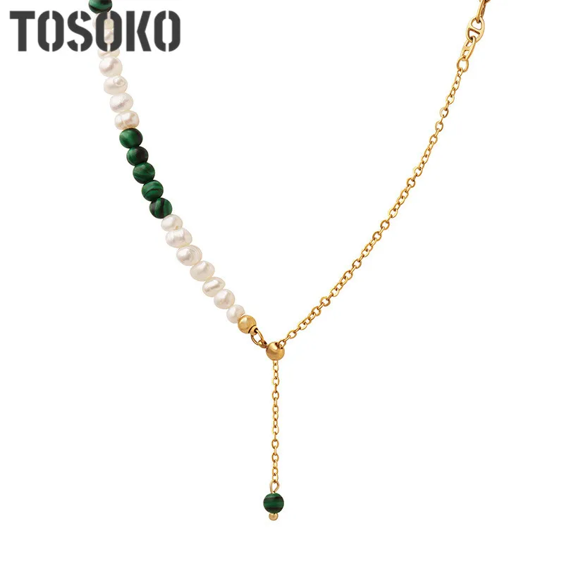 

TOSOKO Stainless Steel Jewelry Pearl Turquoise Splice Tassel Pendant Necklace Women's Fashion Collar Chain BSP1227
