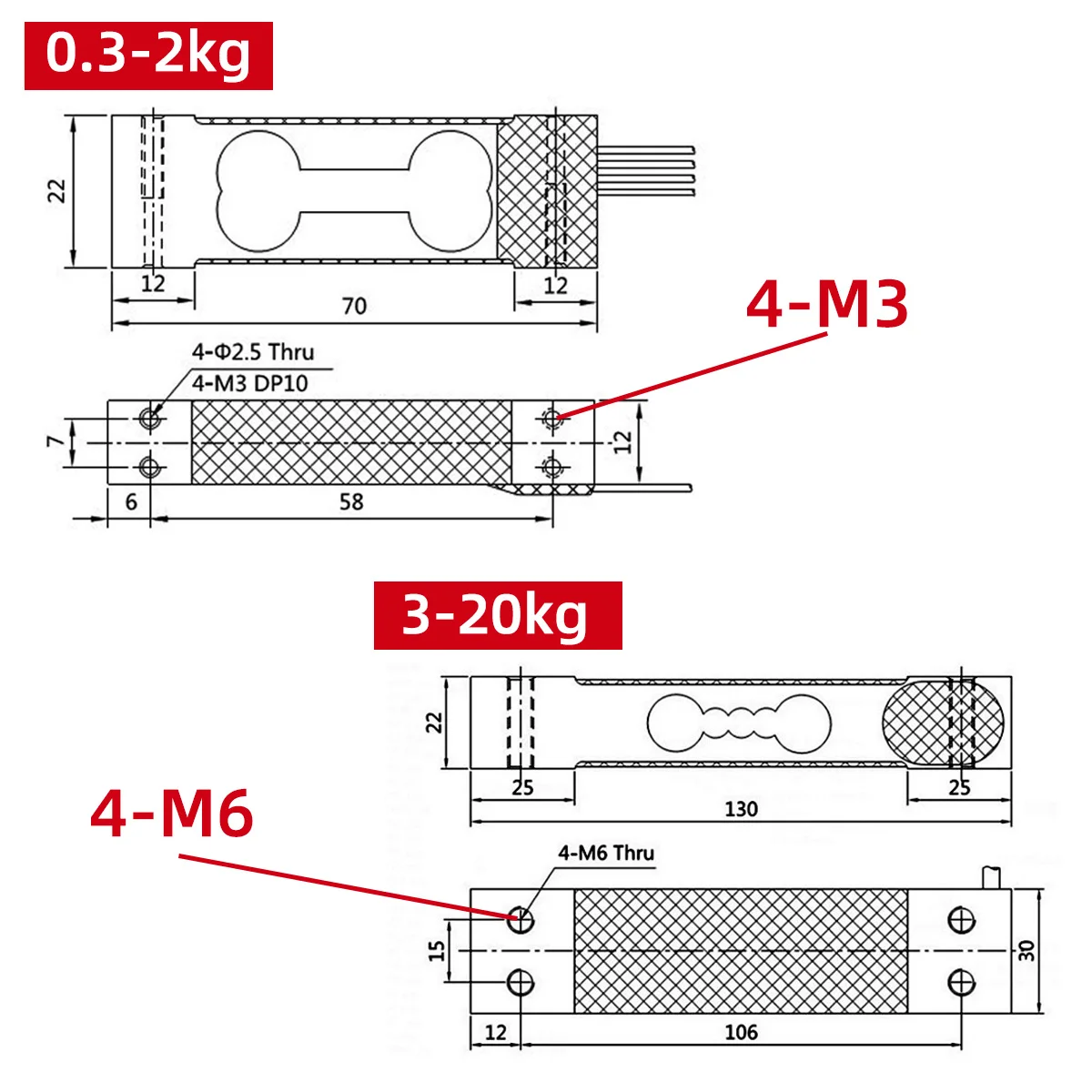 단일 포인트 로드 셀 측정 범위 플랫폼 체중계 센서 C3 정확도, 3kg, 5kg, 10kg, 30kg, 50kg, 100kg, 200kg, 300kg, 500kg