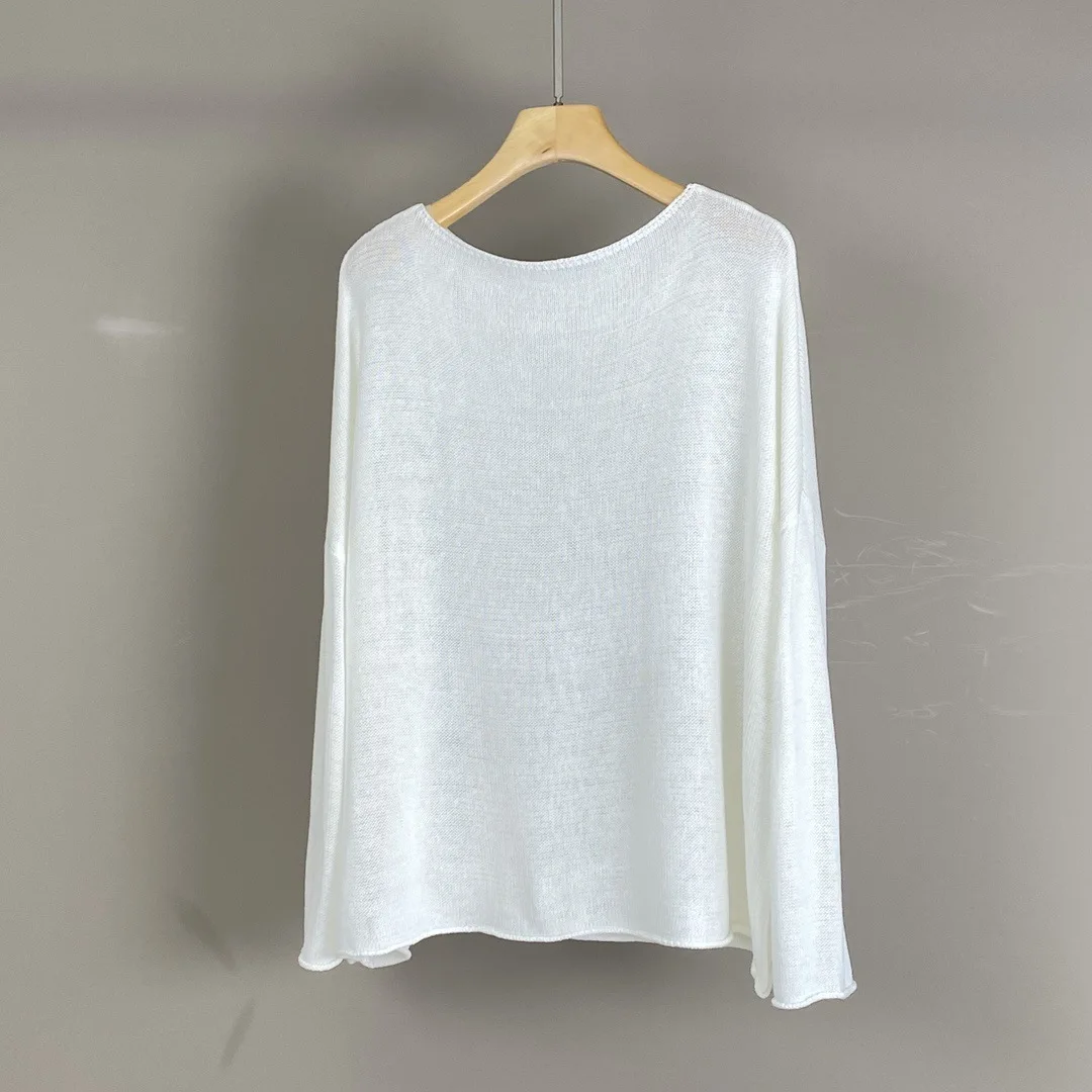 2025 Primavera y novedad de verano, Tops de manga larga tejidos de lino sueltos y cómodos, jersey fino de Color sólido para mujer