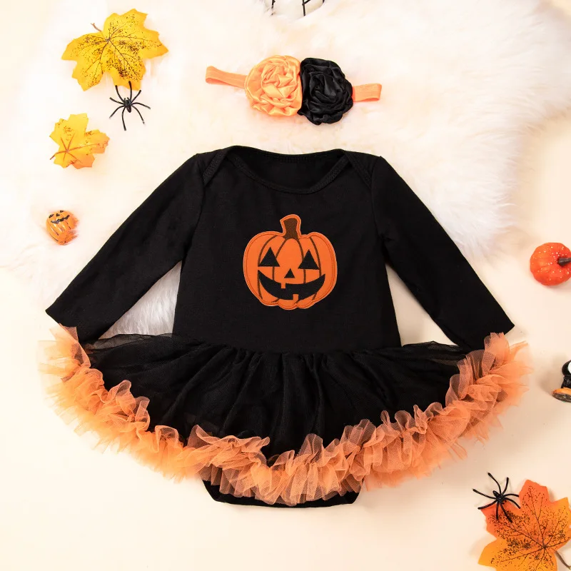 

Children's Clothing Wholesale Baby Girl Autumn Winter Cartoon Halloween Jumpsuit Pumpkin Long Sleeve Romper Dress Two-Piece Set
