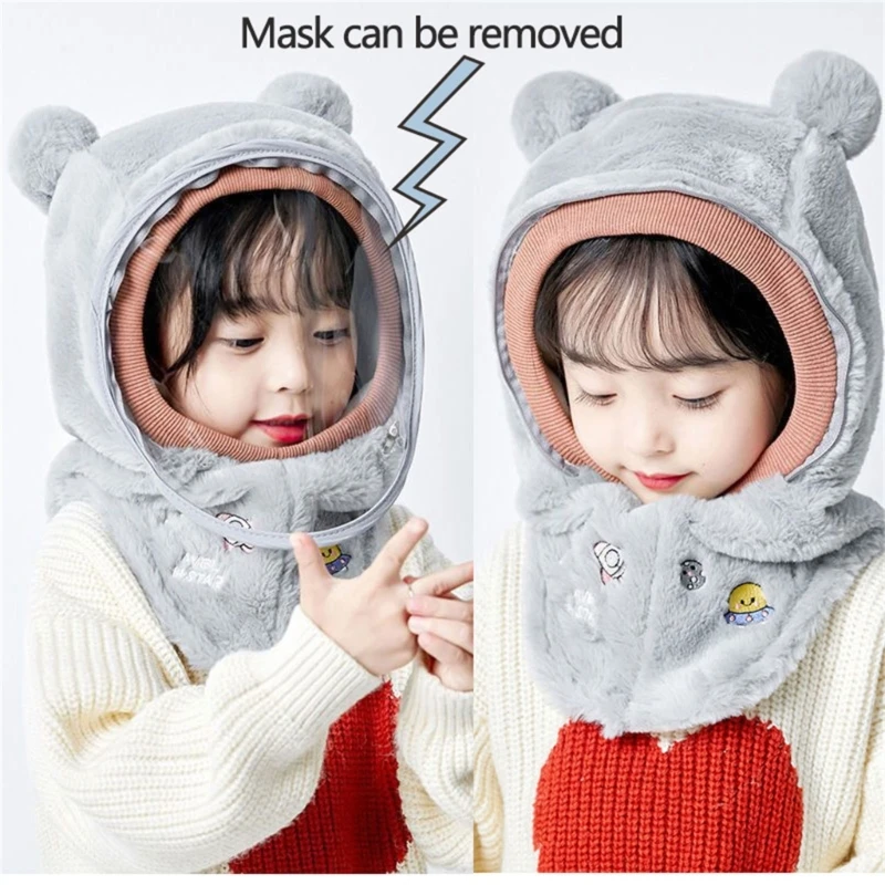 

Winter Windproof Children's Hats+Mask Kids Plush Face Neck Protection Hooded Hat with Detachable Mask Thickened Warm Baby Bonnet