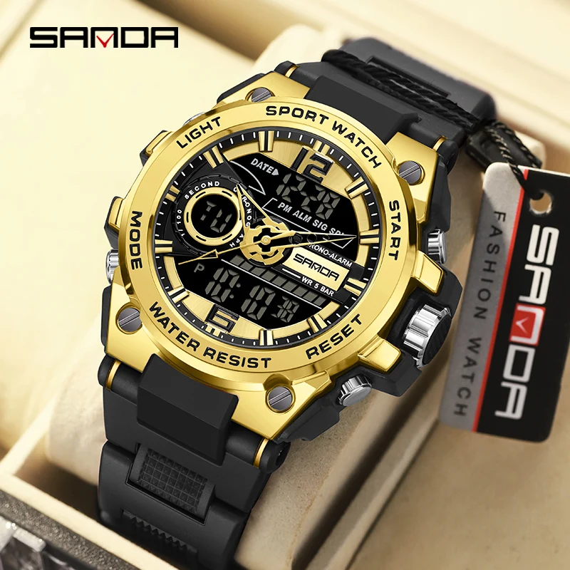 

SANDA Mens Watches Top Brand Luxury Gold Multifunctional Quartz Watch Watches Outdoor Sports Chronograph Watch Waterproof 9010