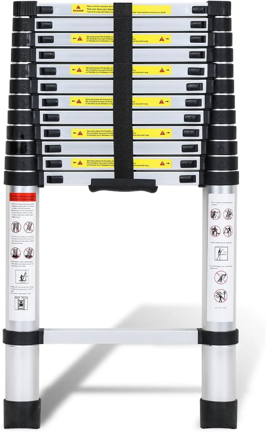 Aluminium Teleskopleiter, 3,8M Ausziehbare Leiter, Rutschfeste Aluminiumleiter Stehleiter Mehrzweckleiter Ausziehbar