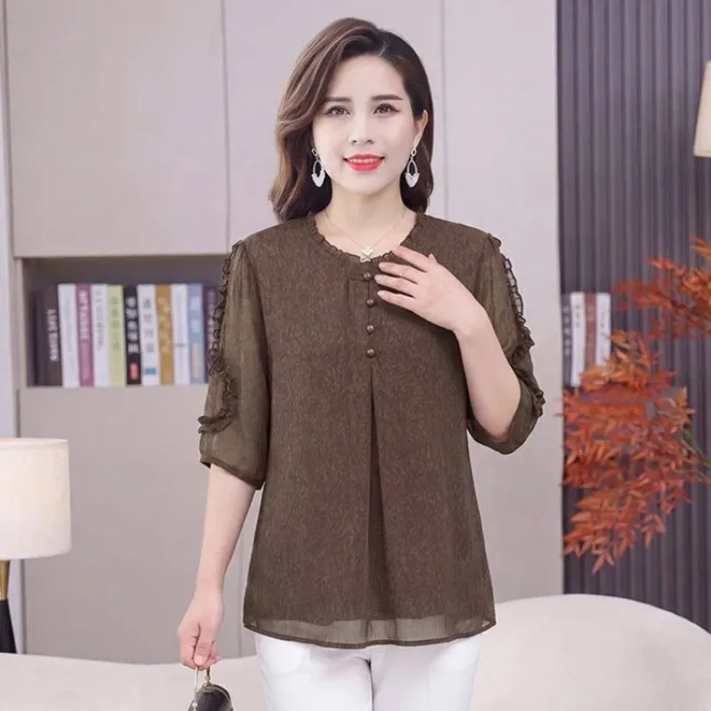 Women Ruffle Neck Jacquard Chiffon Blouse Three Quarter Sleeve Loose Hide Belly Top For Middle Aged Mom Spring Summer S 4XL
