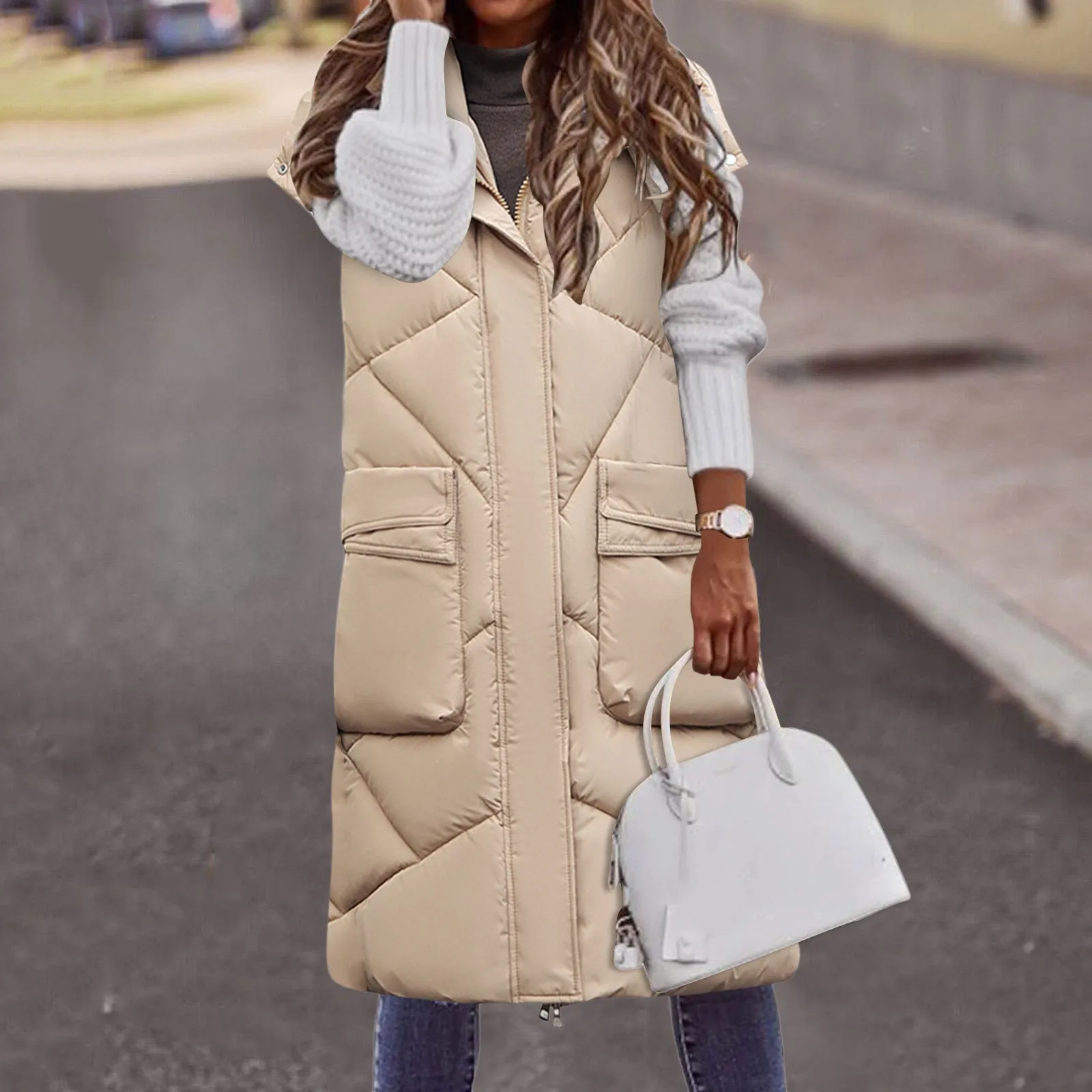 Oversized Down Vests Women's Outdoor Coats Hooded Long Puffy Vests Winter Coats Sleeveless Dress Vest for Women Coats Women