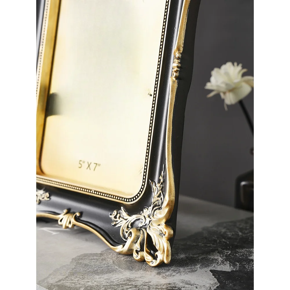 Black Gold Resin Frame Incorporating Geometric Layout and Floral Engraving Elements Intended for 5x7 Inch Photo Mounting